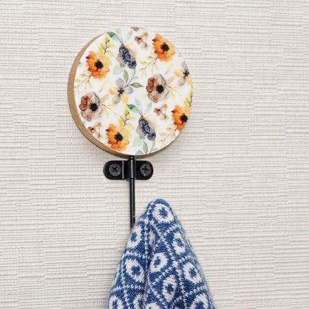 Multicolor Floral Pattern Round Wood and Resin Wall Mounted Hooks